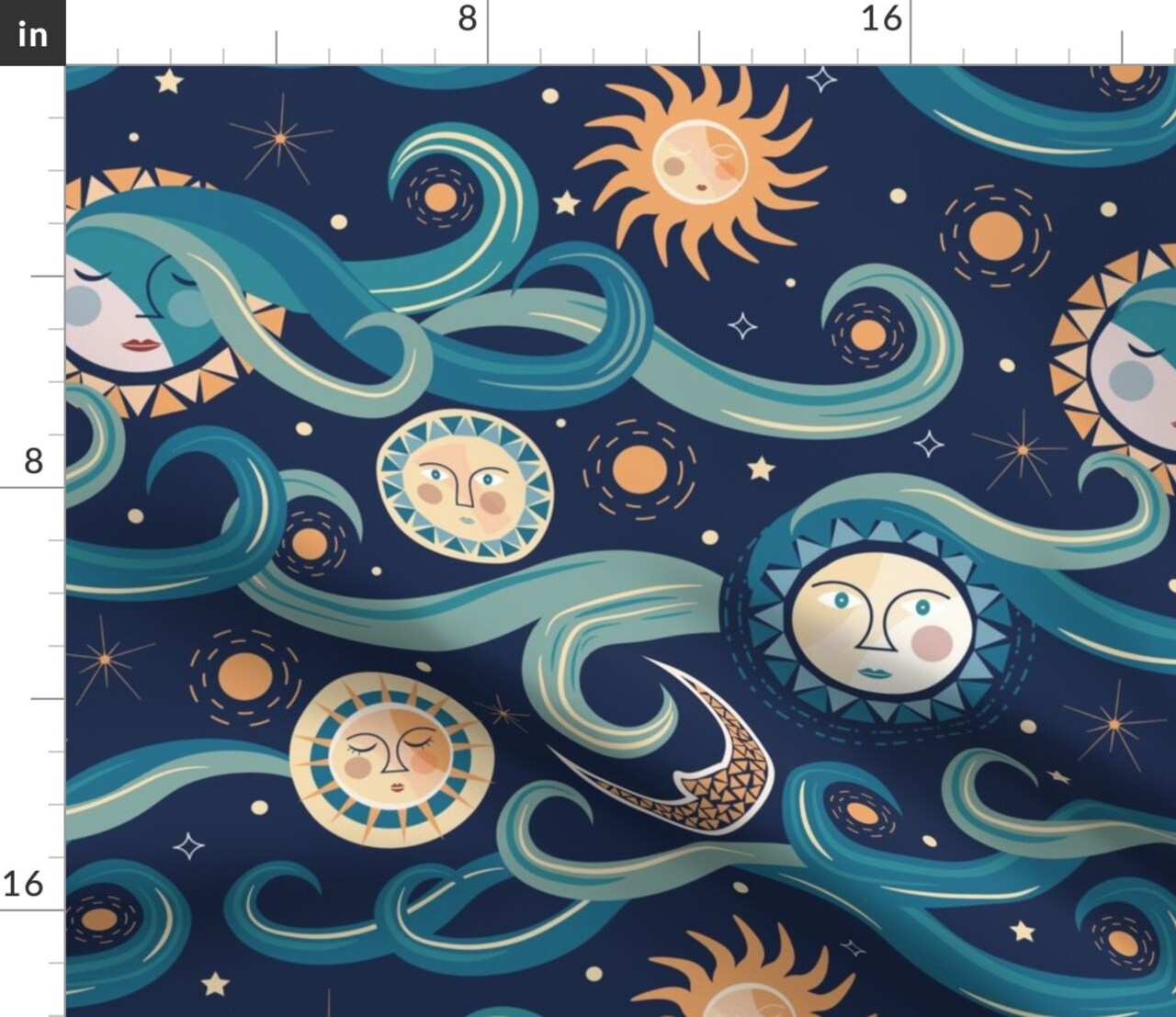 Abstract Whimsical Celestial Sun Moon Mystical Stars Clouds Night Sky Blue Yellow Eclectic 90S Modern Folk Art Novelty Bohemian Custom Printed Fabric by Spoonflower Various Fabrics by the Yard or Fat Quarter